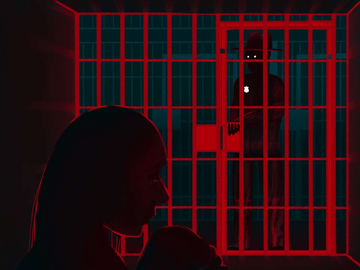 An illustration of a woman trapped in a jail cell as a guard looks at her preditorily