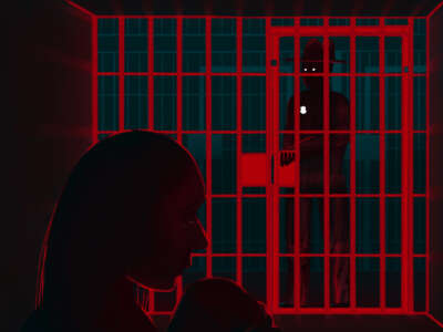 An illustration of a woman trapped in a jail cell as a guard looks at her preditorily