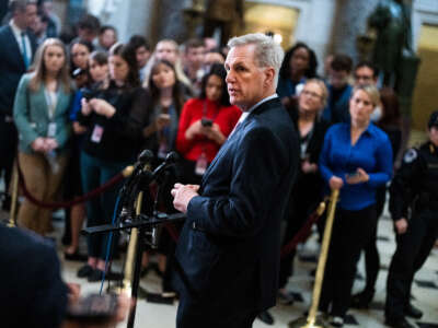 Speaker of the House Kevin McCarthy conducts a news conference in the U.S. Capitol's Statuary Hall on January 12, 2023.