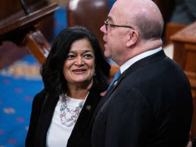 Reps. Pramila Jayapal and Jim McGovern are seen on the floor during Speaker of House votes on January 6, 2023.