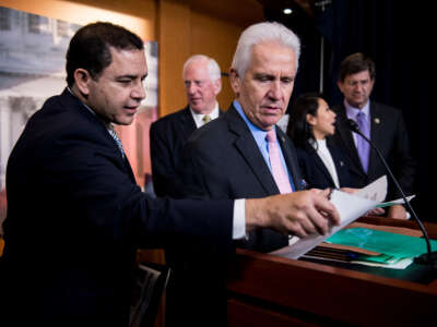 Blue Dog Coalition members from left, Representatives Henry Cuellar, Mike Thompson, Jim Costa, Stephanie Murphy and Brad Schneider hold a news conference on tax reform on October 4, 2017.