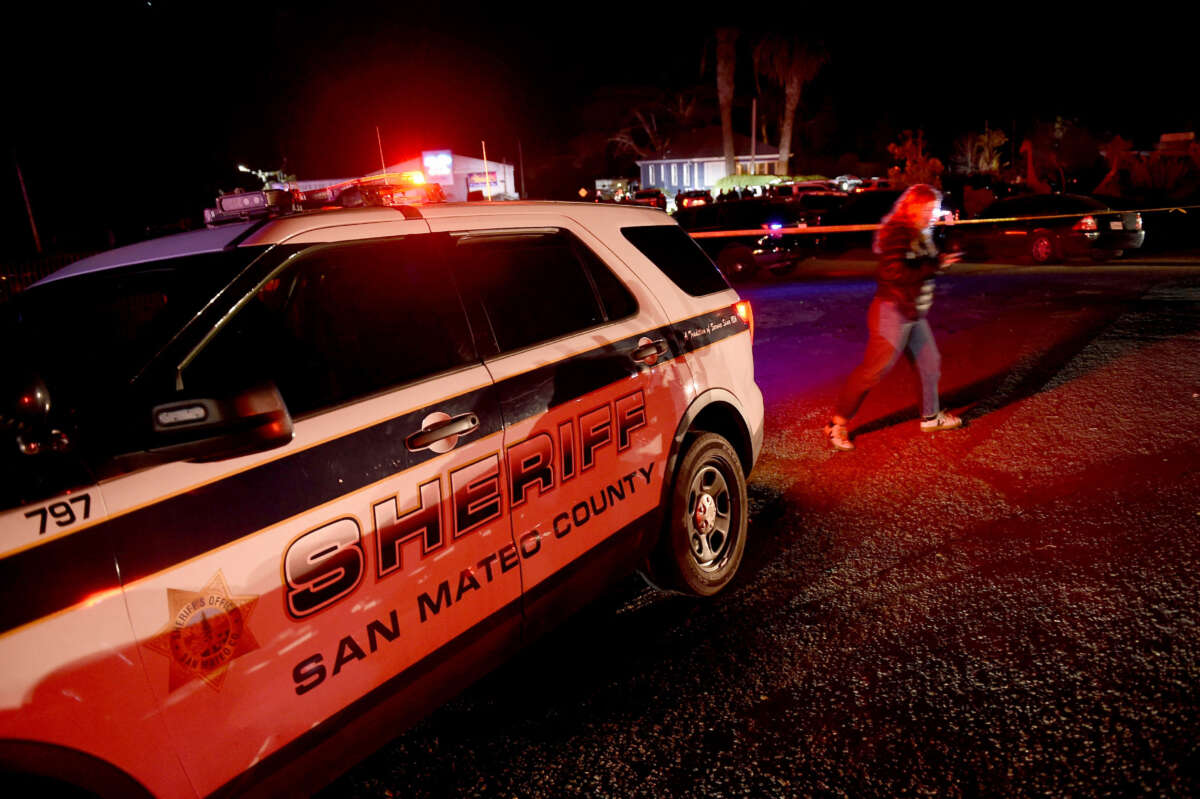 A San Mateo County sheriff's vehicle is pictured at the scene of a shooting on highway 92 in Half Moon Bay, California, on January 23, 2023.