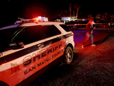 A San Mateo County sheriff's vehicle is pictured at the scene of a shooting on highway 92 in Half Moon Bay, California, on January 23, 2023.