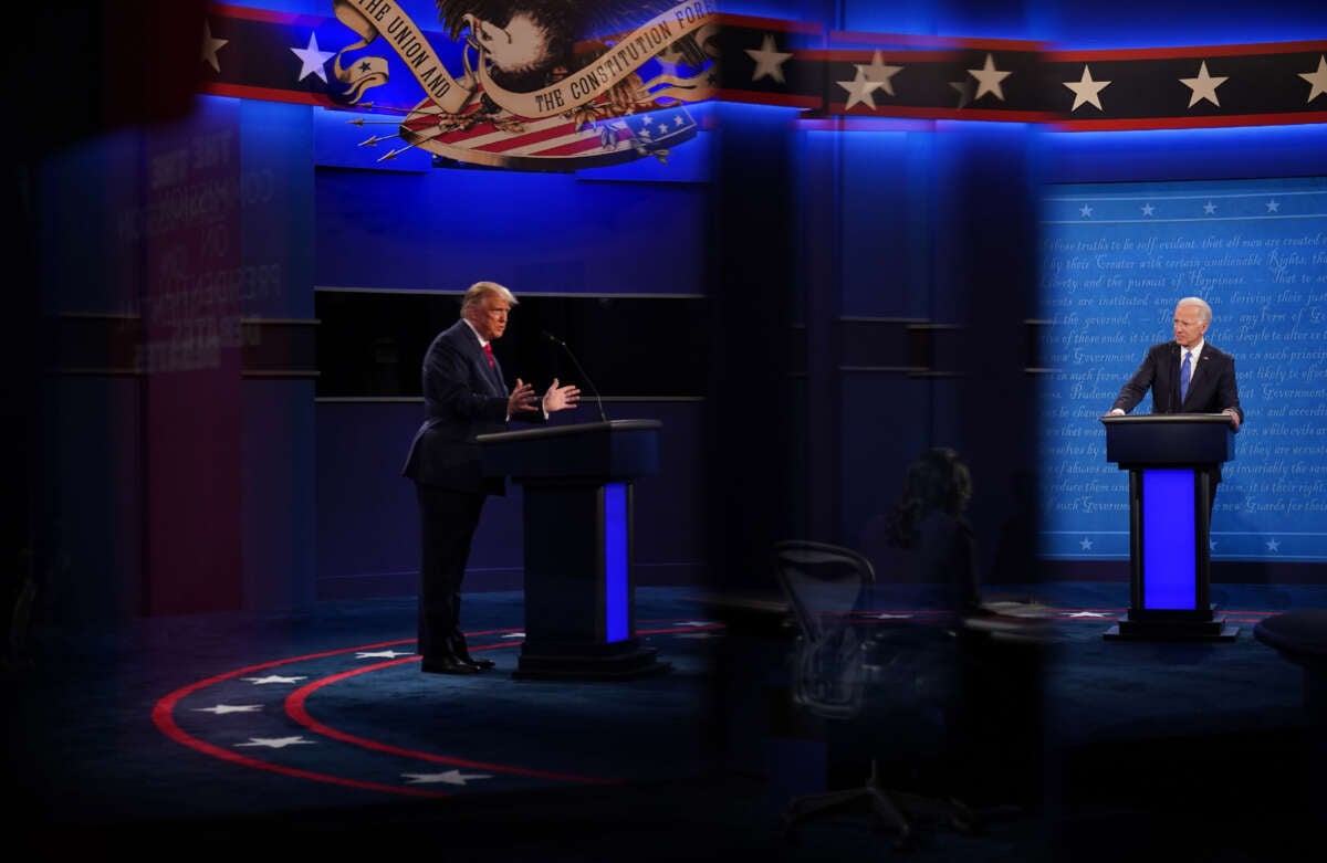 Then-President Donald Trump, left, and Democratic Presidential candidate and former Vice President Joe Biden participate in the final presidential debate at Belmont University in Nashville, Tennessee, on October 22, 2020.