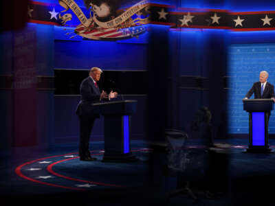 Then-President Donald Trump, left, and Democratic Presidential candidate and former Vice President Joe Biden participate in the final presidential debate at Belmont University in Nashville, Tennessee, on October 22, 2020.
