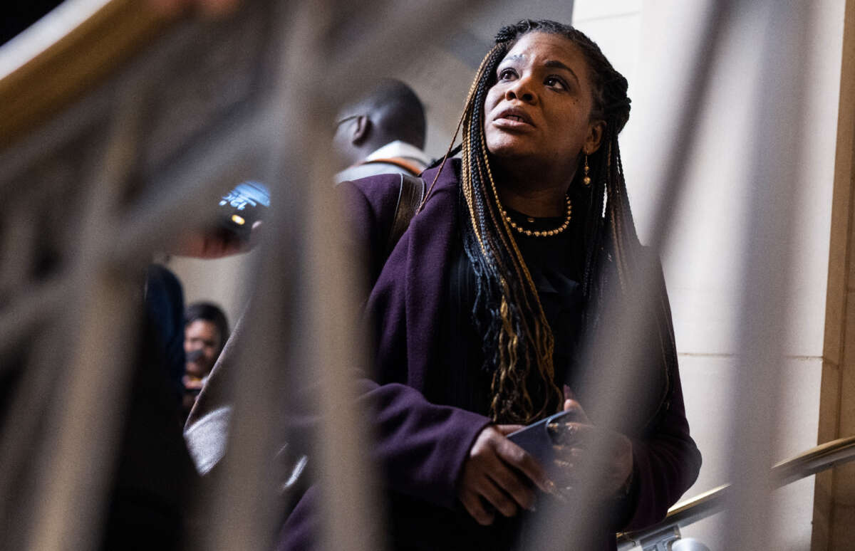 Rep. Cori Bush is seen outside the House Democratic Caucus on leadership election in Longworth Building on November 30, 2022.