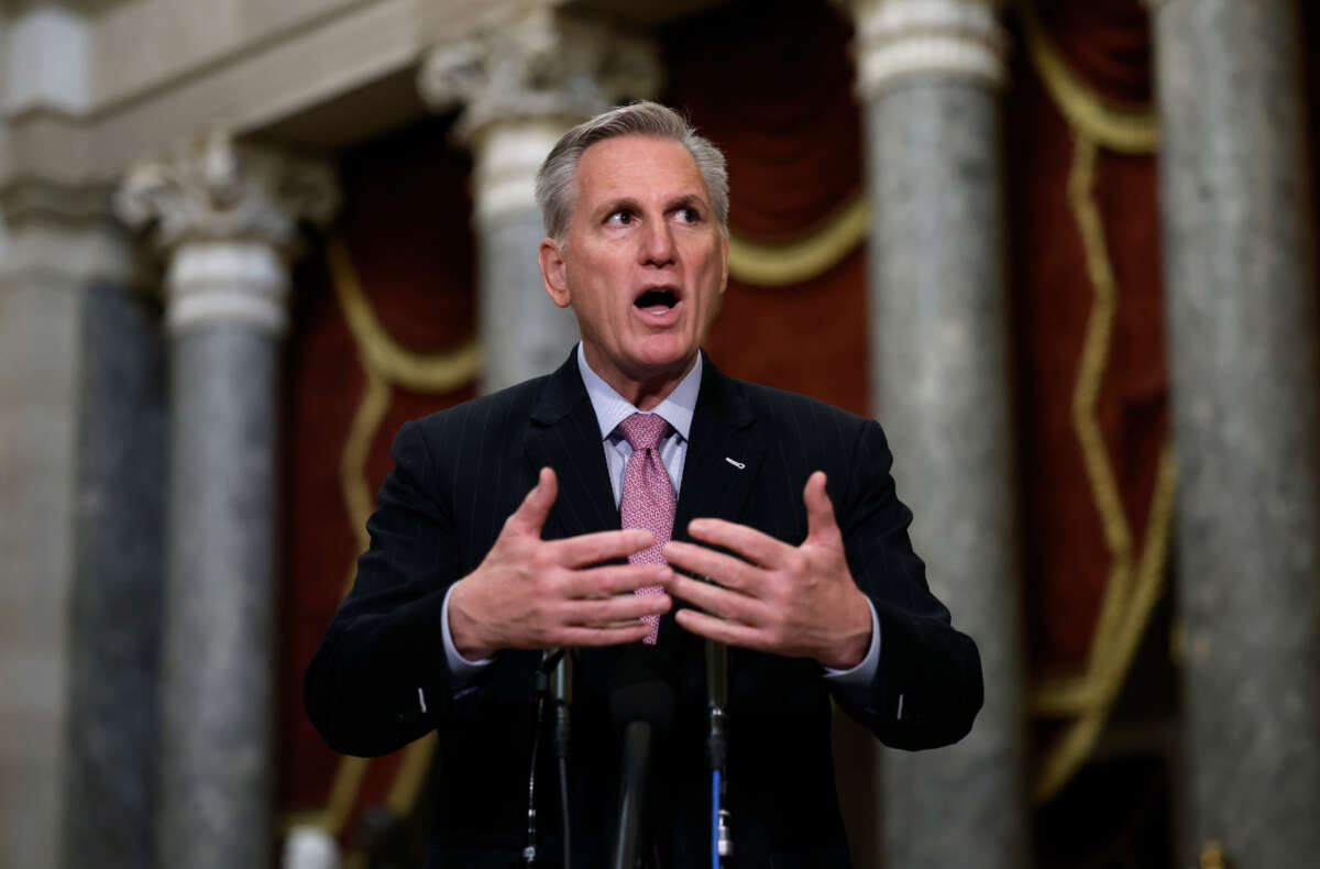 Speaker Kevin McCarthy speaks at a news conference in Statuary Hall of the U.S. Capitol Building on January 12, 2023, in Washington, D.C.
