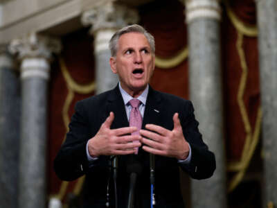 Speaker Kevin McCarthy speaks at a news conference in Statuary Hall of the U.S. Capitol Building on January 12, 2023, in Washington, D.C.