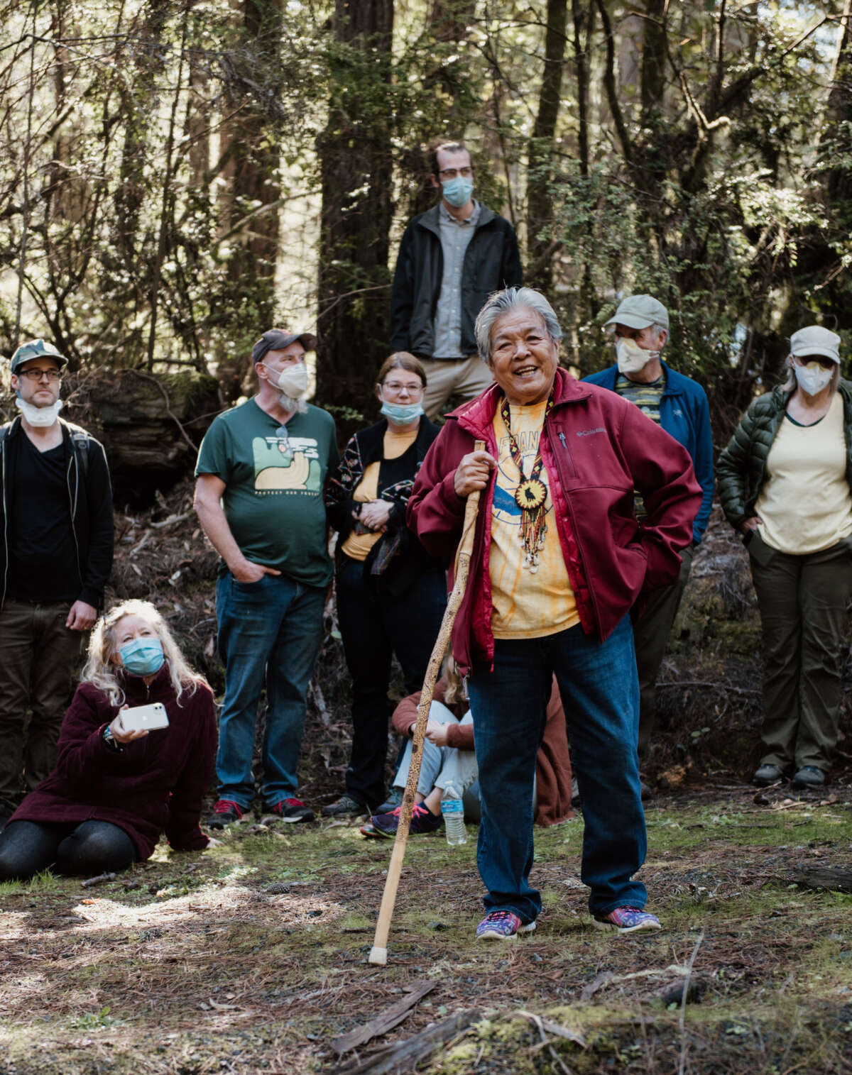 Pricilla Hunter speaks to the community on behalf of Coyote Valley Band of Pomo Indians. The Coyote Valley Band of Pomo Indians along with their inter-tribal relatives are calling for an immediate halt to all logging and extractive industry in the forest, and are working with environmental NGOs to build a visionary forest management plan based on traditional ecological land management and access for cultural healing and regeneration.