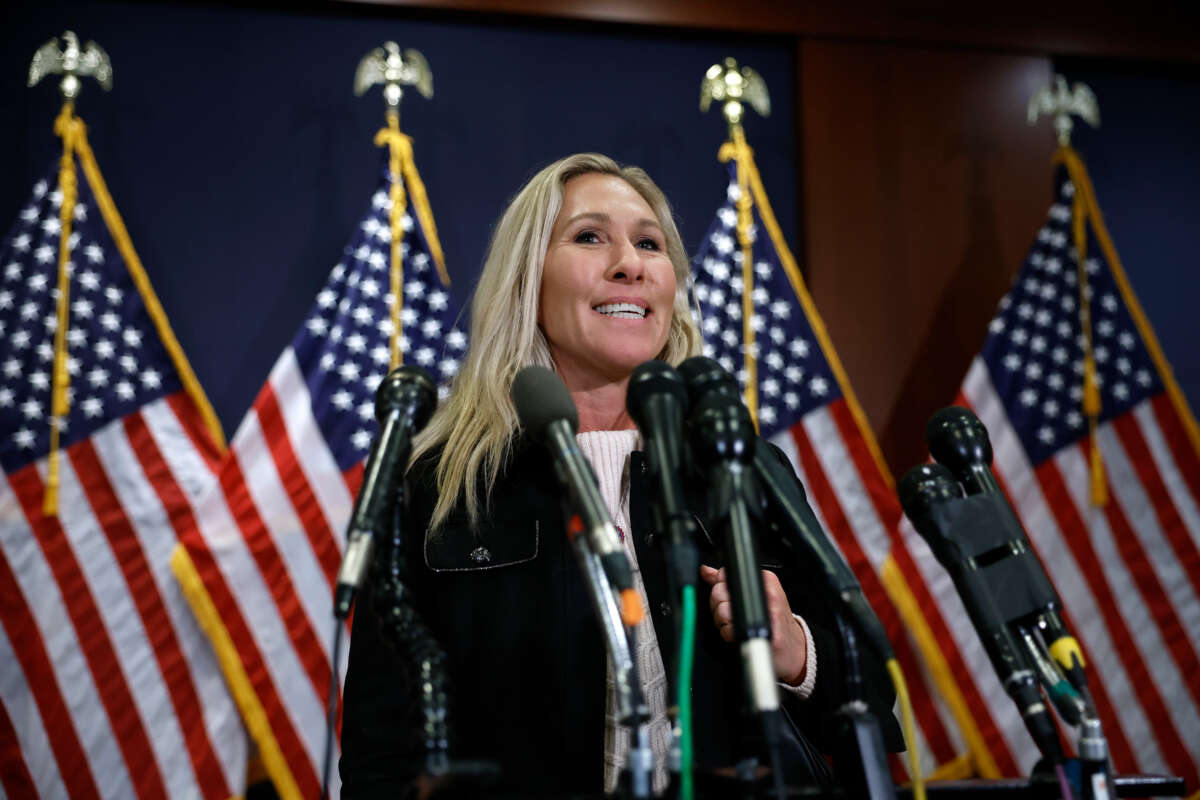 Rep. Marjorie Taylor Greene talks to reporters following House Republican Conference leadership elections in the U.S. Capitol Visitor Center on November 15, 2022, in Washington, D.C.