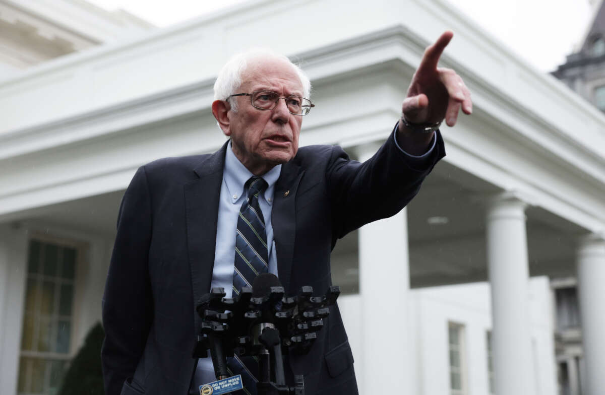 Sen. Bernie Sanders speaks to members of the press outside the West Wing of the White House on January 25, 2023, in Washington, D.C.