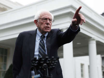 Sen. Bernie Sanders speaks to members of the press outside the West Wing of the White House on January 25, 2023, in Washington, D.C.