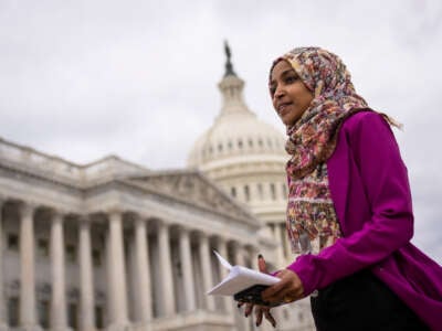 Rep. Ilhan Omar departs a news conference outside the U.S. Capitol on January 26, 2023, in Washington, D.C.