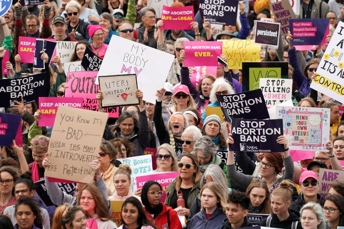 Protesters rally at the Minnesota State Capitol to call for a stop to the abortion bans being instituted in some states around the country, on May 21, 2019, in St. Paul, Minnesota.