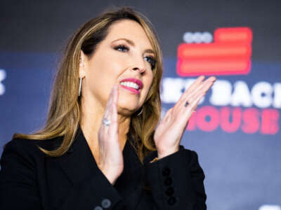 Ronna McDaniel, chairwoman of the Republican National Committee, listens to House Minority Leader Kevin McCarthy address an Election Night party at The Westin Washington hotel in Washington, D.C., on November 8, 2022.