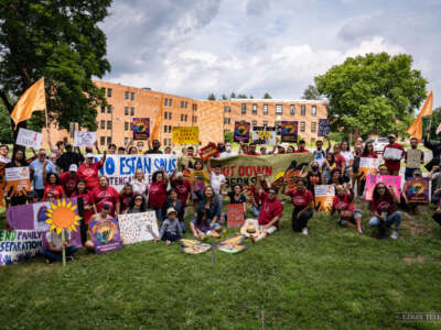 Protesters gather in front of the Berks County Detention Center in Leesport, Pennsylvania. 