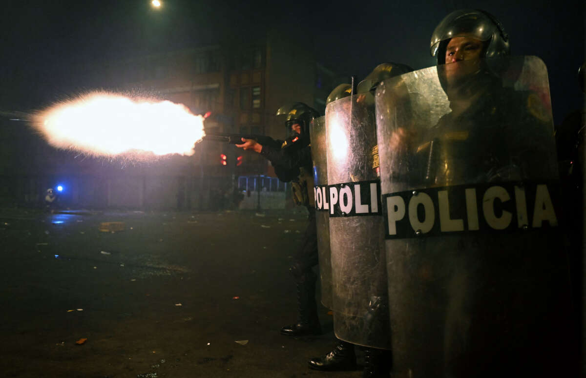 Riot police fire tear gas at demonstrators during a protest against the government of President Dina Boluarte, in Lima, Peru, on January 20, 2023.
