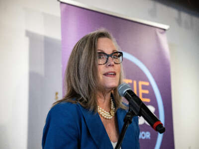 Governor-elect of Arizona Katie Hobbs speaks to attendees at a rally on November 15, 2022 in Phoenix, Arizona.