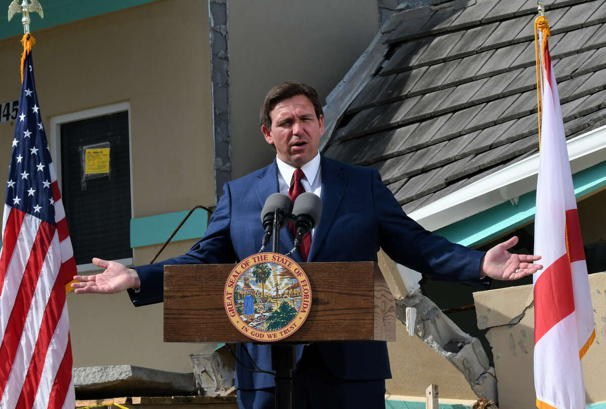 Florida Gov. Ron DeSantis speaks at a press conference in Daytona Beach Shores, Florida on January 18, 2023.