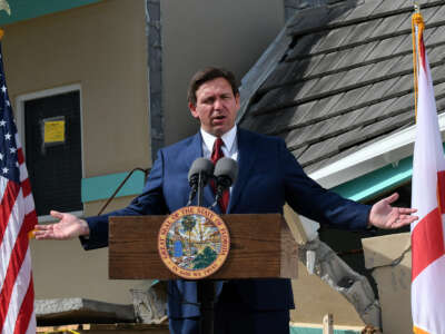 Florida Gov. Ron DeSantis speaks at a press conference in Daytona Beach Shores, Florida on January 18, 2023.