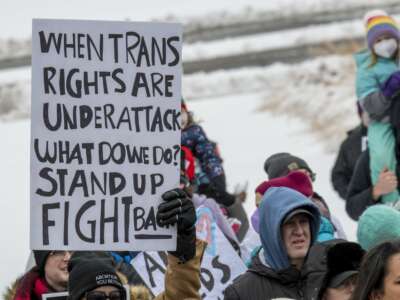 A protester holds a sign reading "When trans rights are under attack what do we do? Stand up fight back." Minnesotans hold a rally at the state capitol to support trans kids in Minnesota, Texas, and around the country on March 6, 2022, in St Paul, Minnesota.