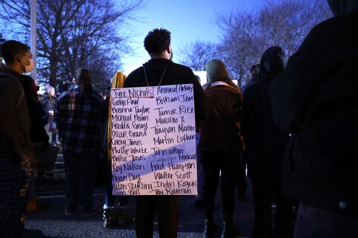 Demonstrators protest the death of Tyre Nichols at the hands of Memphis police on January 27, 2023 in Memphis, Tennessee.