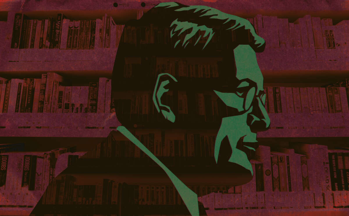 Leonard Leo illustration in side view overlayed on libary book shelves