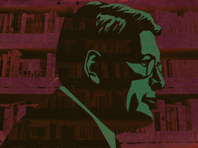 Leonard Leo illustration in side view overlayed on libary book shelves
