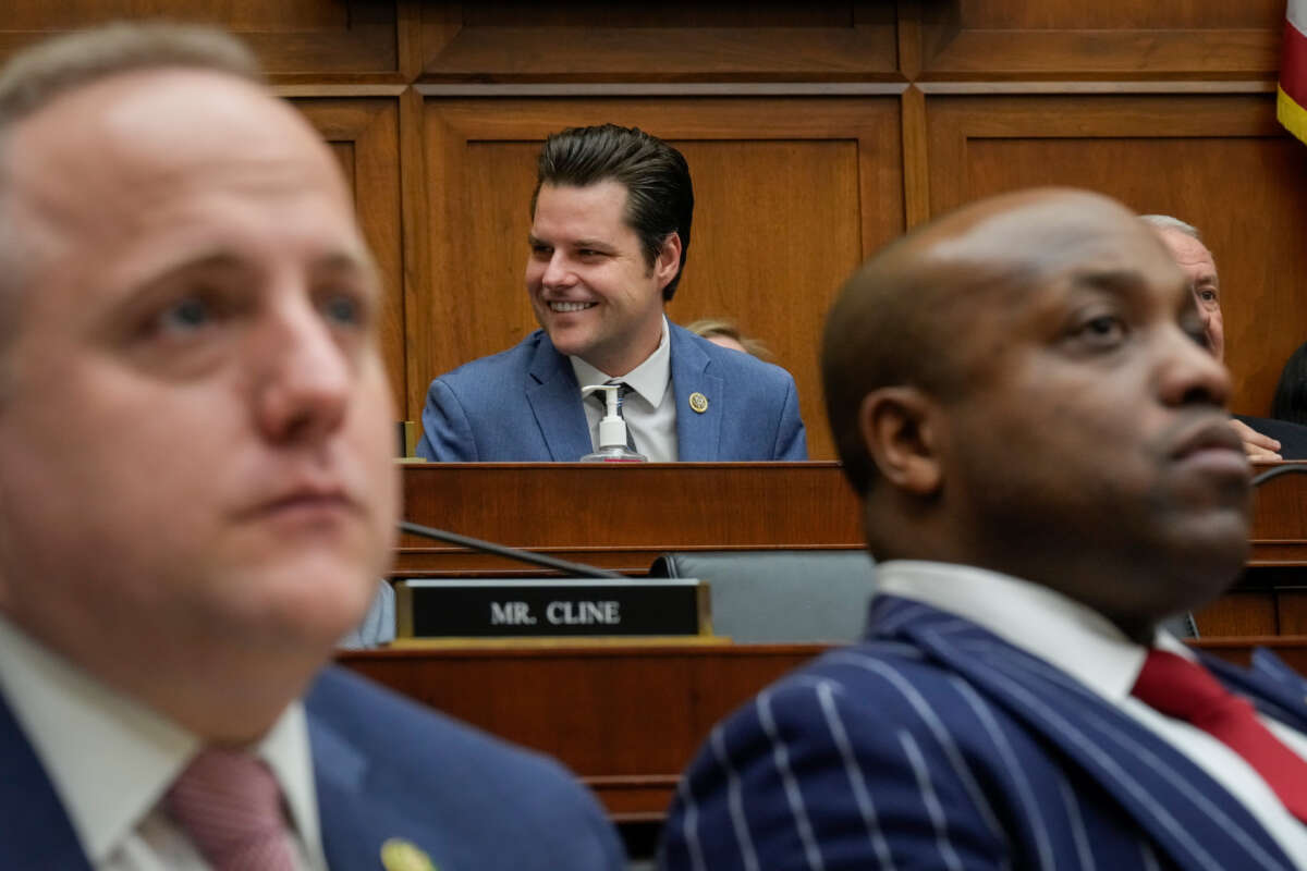 Rep. Matt Gaetz is seen behind Reps. Russell Fry and Wesley Hunt during a business meeting prior to a hearing on U.S. southern border security on Capitol Hill, February 1, 2023, in Washington, D.C.
