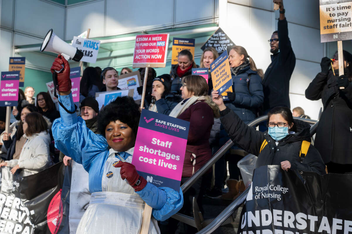 National Health Service (NHS) nurses on a picket line strike for fair pay and better working conditions on February 6, 2023, in London, United Kingdom.