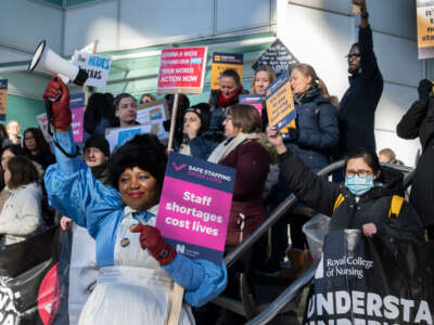 National Health Service (NHS) nurses on a picket line strike for fair pay and better working conditions on February 6, 2023, in London, United Kingdom.