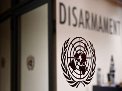 View of the United Nations logo as the Tenth Review Conference of the Parties to the Treaty on the Non-Proliferation of Nuclear Weapons takes place in New York City on August 1, 2022.