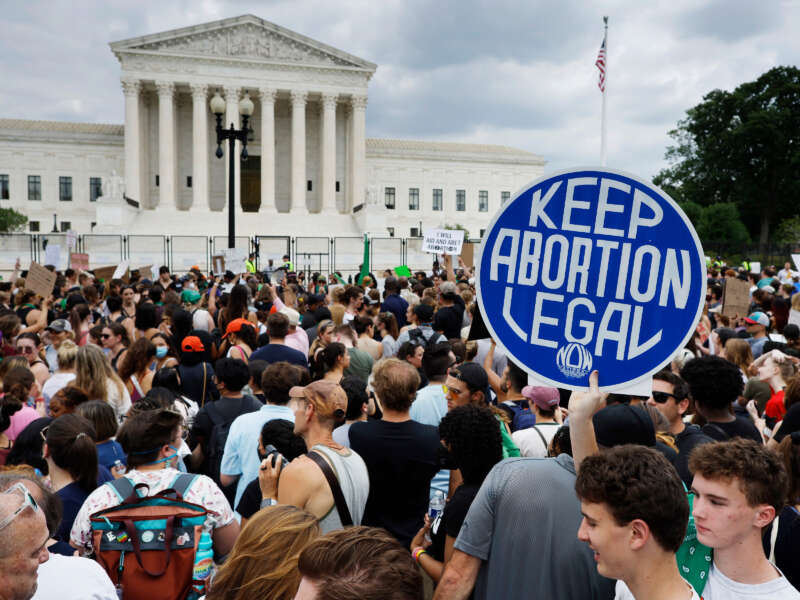 Thousands of abortion rights activists gather in front of the U.S. Supreme Court after the Court announced a ruling in the Dobbs v. Jackson Women's Health Organization case on June 24, 2022, in Washington, D.C.