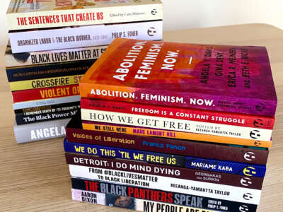 Stacks of books on the struggle for Black liberation from Haymarket books