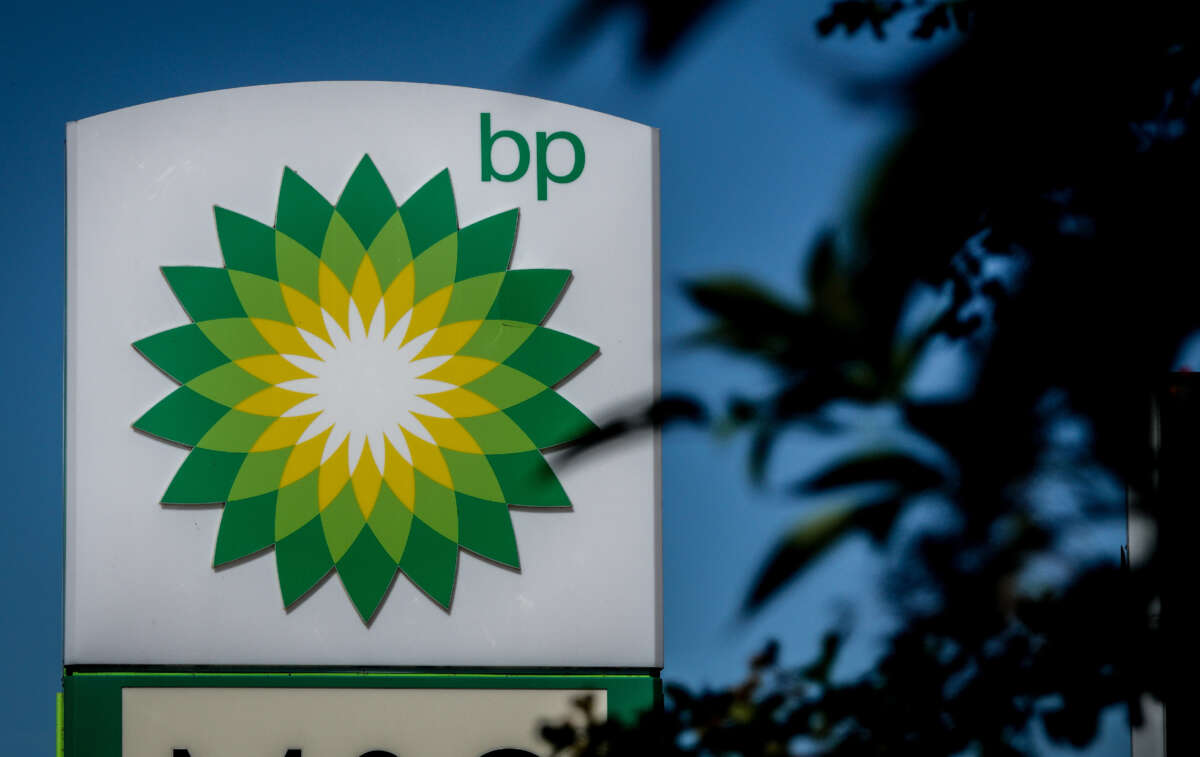 The BP logo is displayed outside a petrol station near Warmister in Wiltshire, England, on August 15, 2022.
