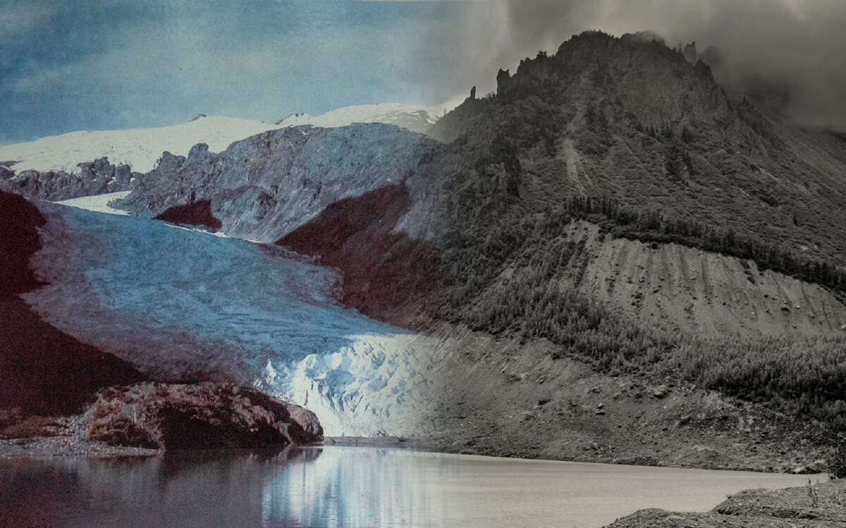 Bear Glacier, British Columbia, near Stewart Alaska, pictured in 2000 (left) and 2018. The earlier pic is in color and fading into the later, black and white pic. The earlier pic has glaciers and the latter, none are visible.