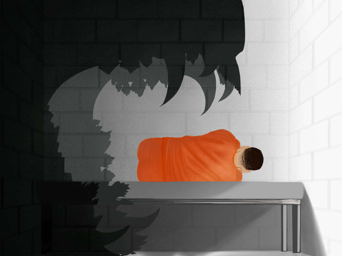 An illustration of a man curled into the fetal position in a prison cell as the shadows, forming a toothy maw, prepare to eat him alive