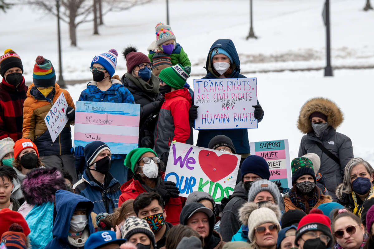 People rally in support of transgender rights in St. Paul, Minnesota, on March 6, 2022.