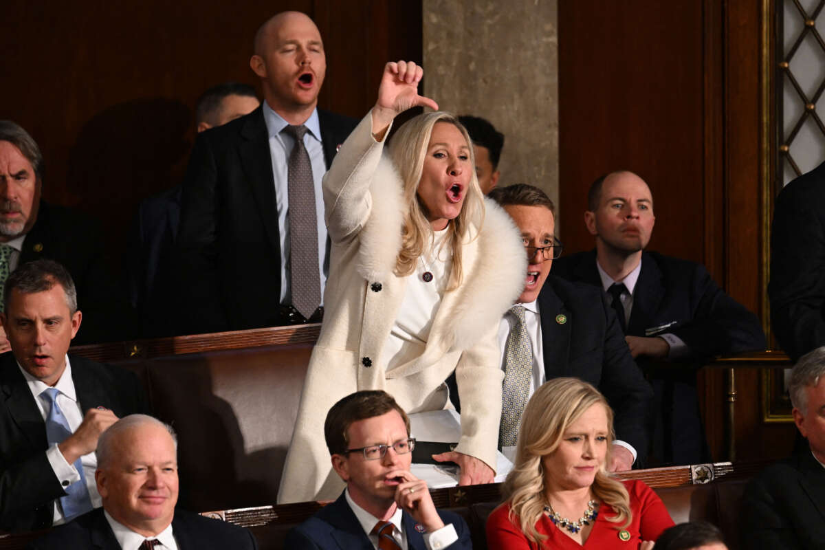 Rep. Marjorie Taylor Greene and Republican members of Congress react as President Joe Biden delivers the State of the Union address in the House Chamber of the U.S. Capitol in Washington, D.C., on February 7, 2023.