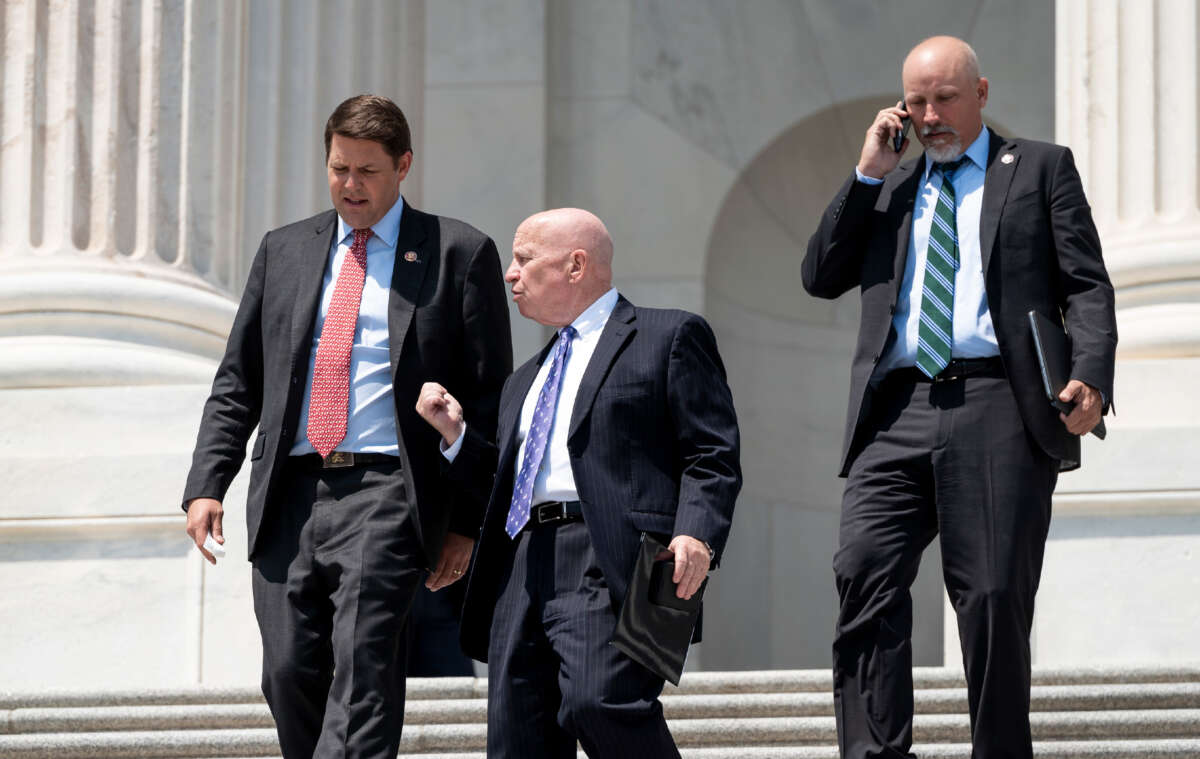 From left, Representatives Jodey Arrington, Kevin Brady, and Chip Roy walk down the House steps on May 20, 2021.