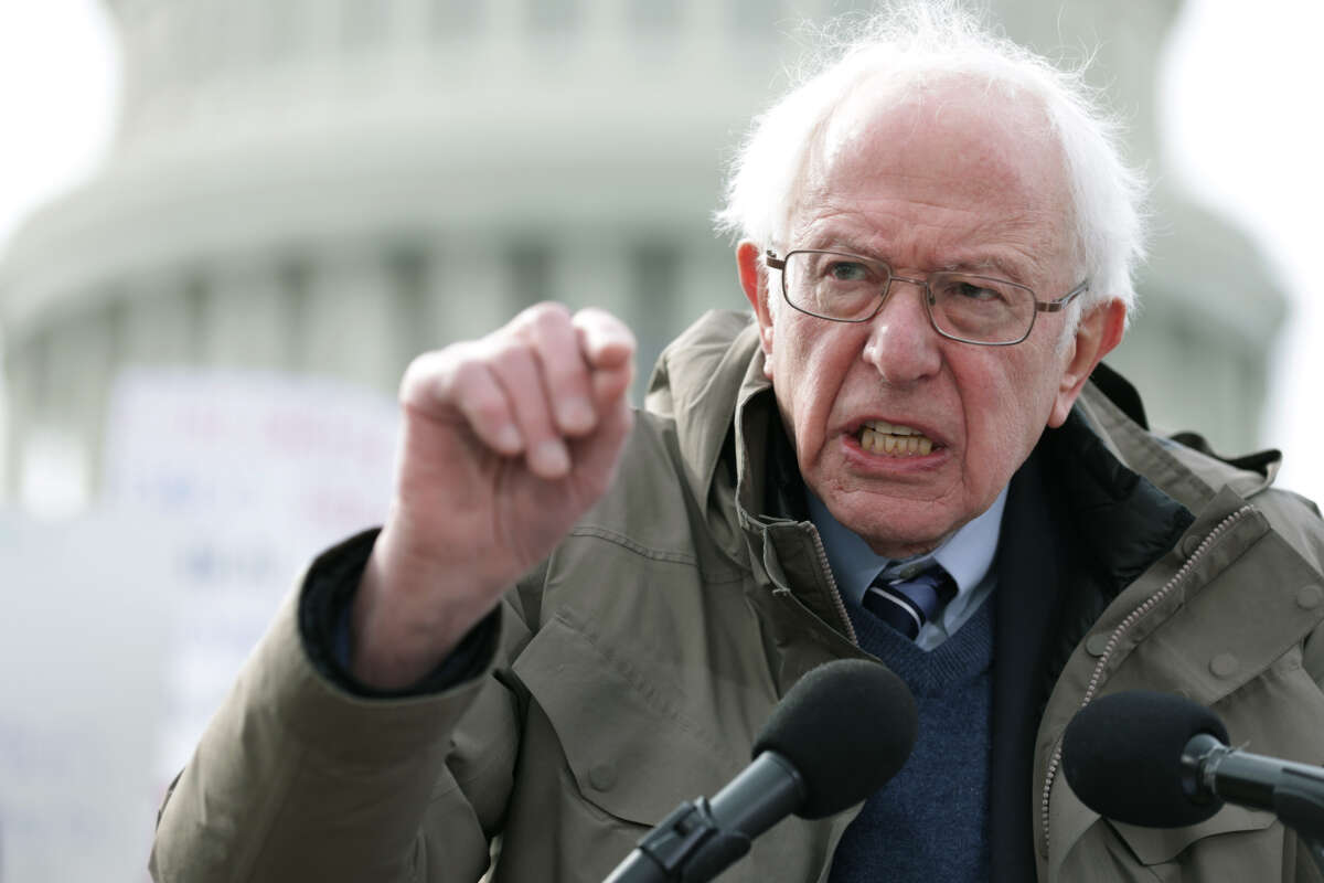 Sen. Bernie Sanders speaks during a news conference in front of the U.S. Capitol on February 7, 2023, in Washington, D.C.