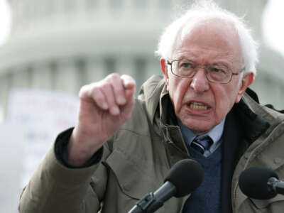 Sen. Bernie Sanders speaks during a news conference in front of the U.S. Capitol on February 7, 2023, in Washington, D.C.