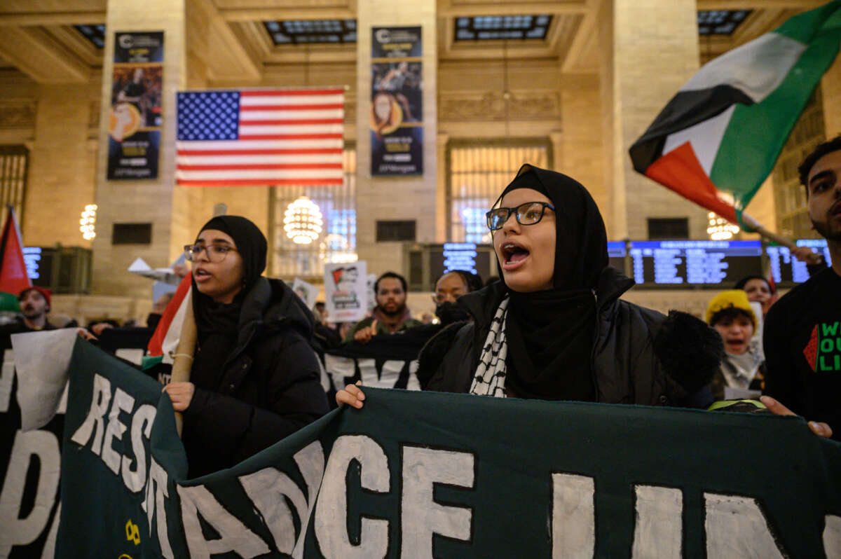 Pro-Palestine activists attend a rally at Grand Central Terminal in New York on January 21, 2022.