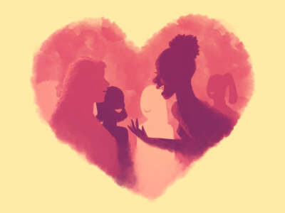 Illustration of silhouettes laughing and smiling within a pink heart