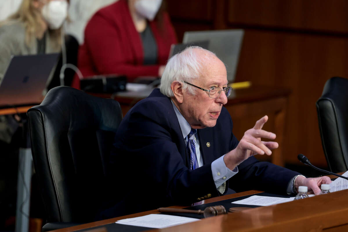 Then-Senate Budget Committee Chairman Bernie Sanders speaks during a committee hearing in the Hart Senate Office Building on February 17, 2022, in Washington, D.C.