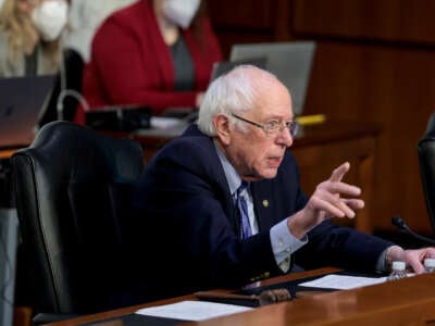 Then-Senate Budget Committee Chairman Bernie Sanders speaks during a committee hearing in the Hart Senate Office Building on February 17, 2022, in Washington, D.C.