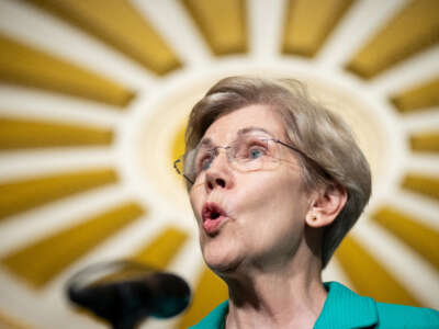 Sen. Elizabeth Warren speaks during the Senate Democrats press conference beneath the freshly repainted Ohio Clock Corridor ceiling in the Capitol on September 7, 2022.