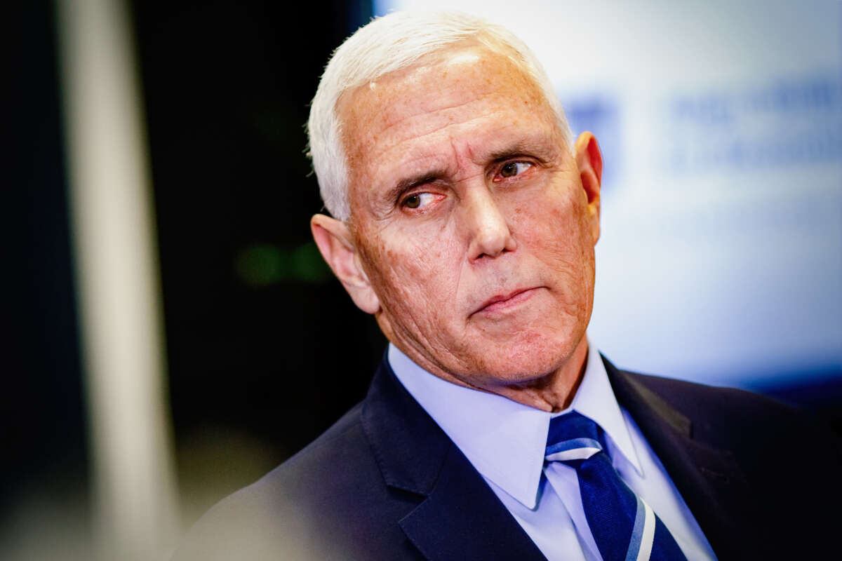 Former Vice President Mike Pence answers questions from the press during a visit to Florida International University in Miami, Florida, on January 27, 2023.