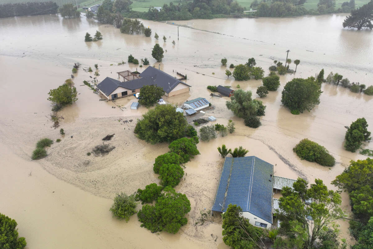 An aerial photo taken on February 14, 2023, shows flooding caused by Cyclone Gabrielle in Awatoto, near the city of Napier, in New Zealand.