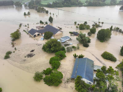 An aerial photo taken on February 14, 2023, shows flooding caused by Cyclone Gabrielle in Awatoto, near the city of Napier, in New Zealand.